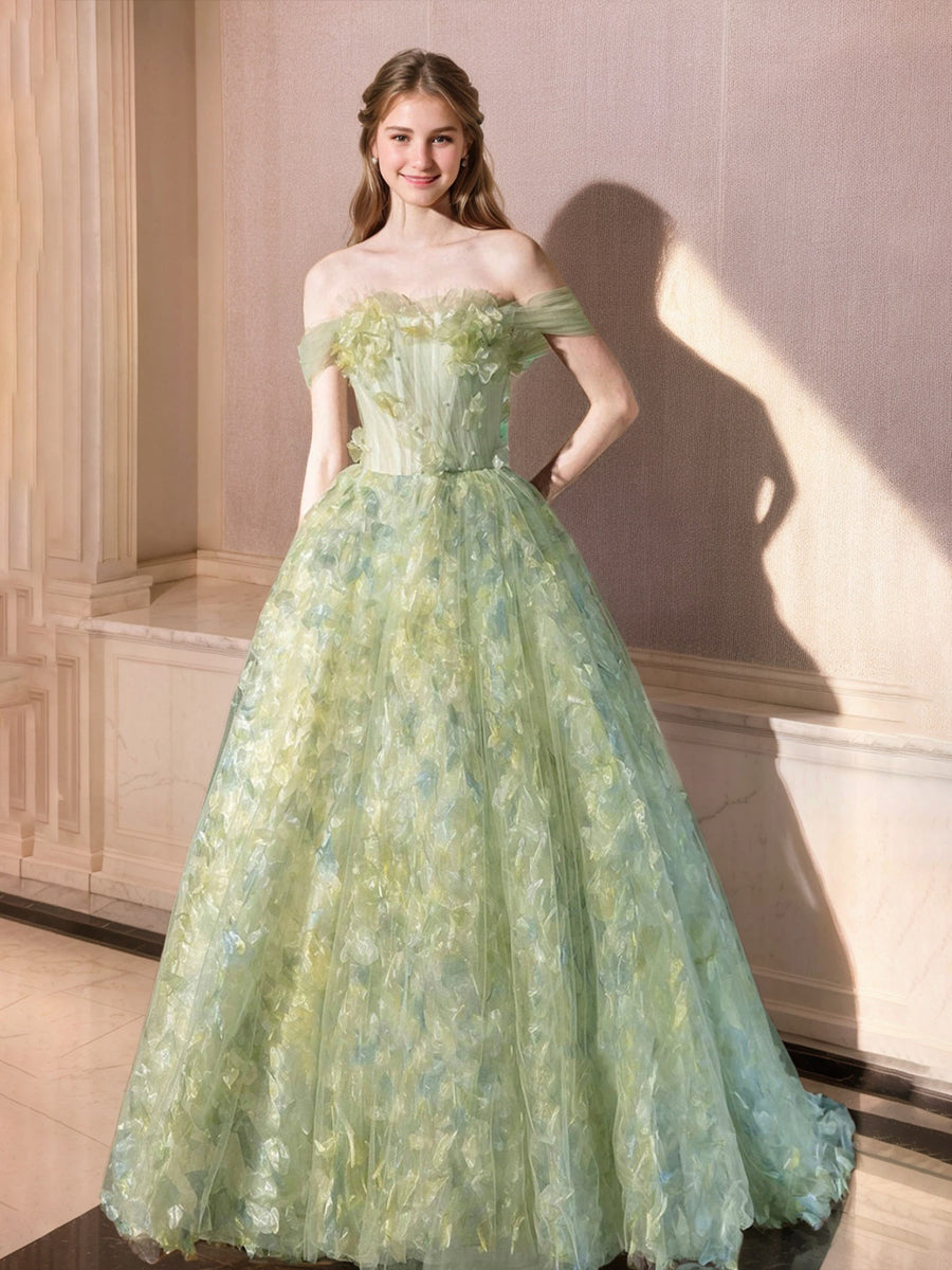 Ball Gown Off-the-Shoulder Sleeveless Elegant Prom Dresses with Ruffles & Embroidery
