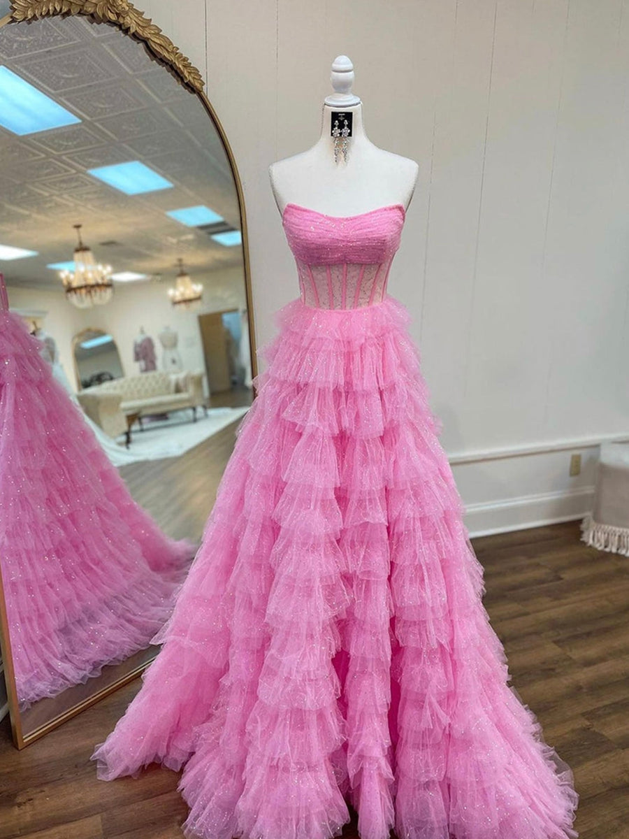 A-Line/Princess Strapless Sleeveless Tulle Pleated Prom Dresses with Ruffles & Sequins