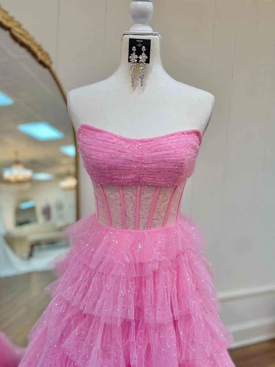 A-Line/Princess Strapless Sleeveless Tulle Pleated Prom Dresses with Ruffles & Sequins