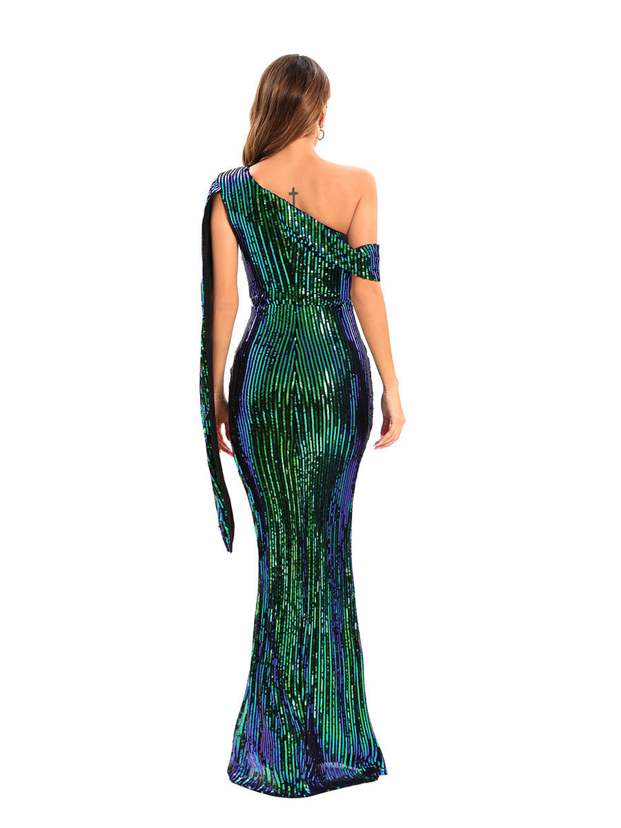 Sheath/Column One-Shoulder Sleeveless Sexy Prom Dresses with Sequins & High Split