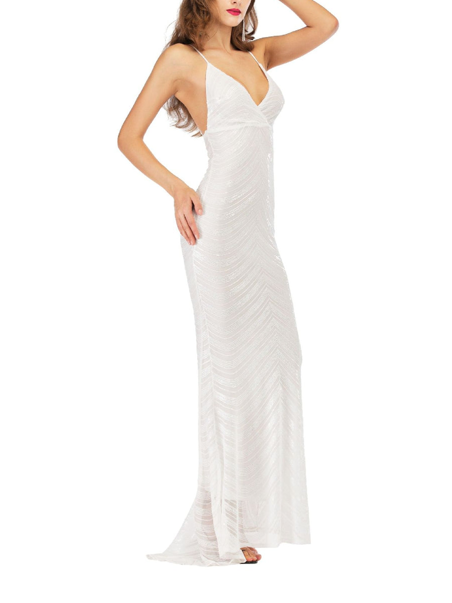 Sheath/Column Spaghetti Straps Floor-Length Retro Prom Dresses with Stripe & Opened Back