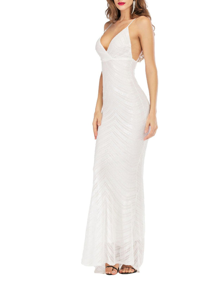 Sheath/Column Spaghetti Straps Floor-Length Retro Prom Dresses with Stripe & Opened Back