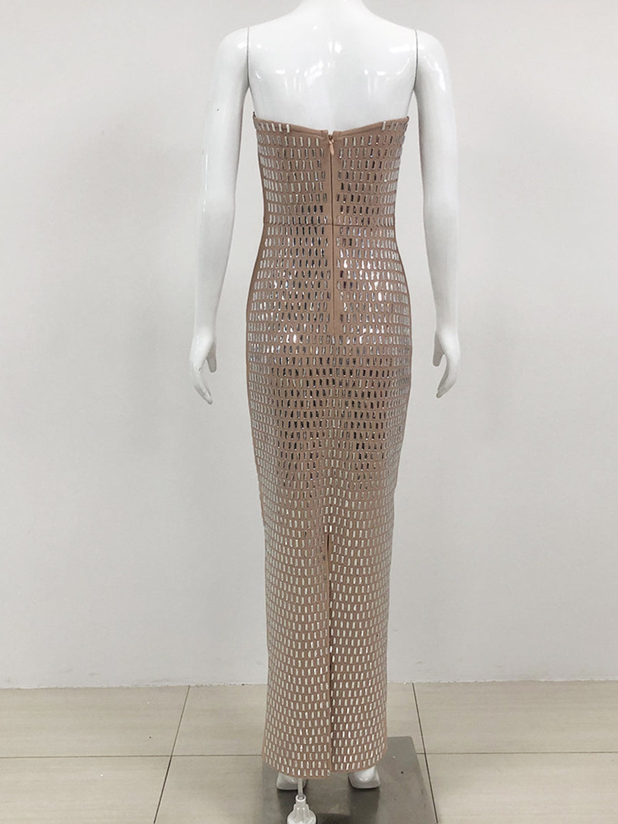 Sheath/Column Strapless Sleeveless Luxurious Long Prom Dresses with Rhinestone