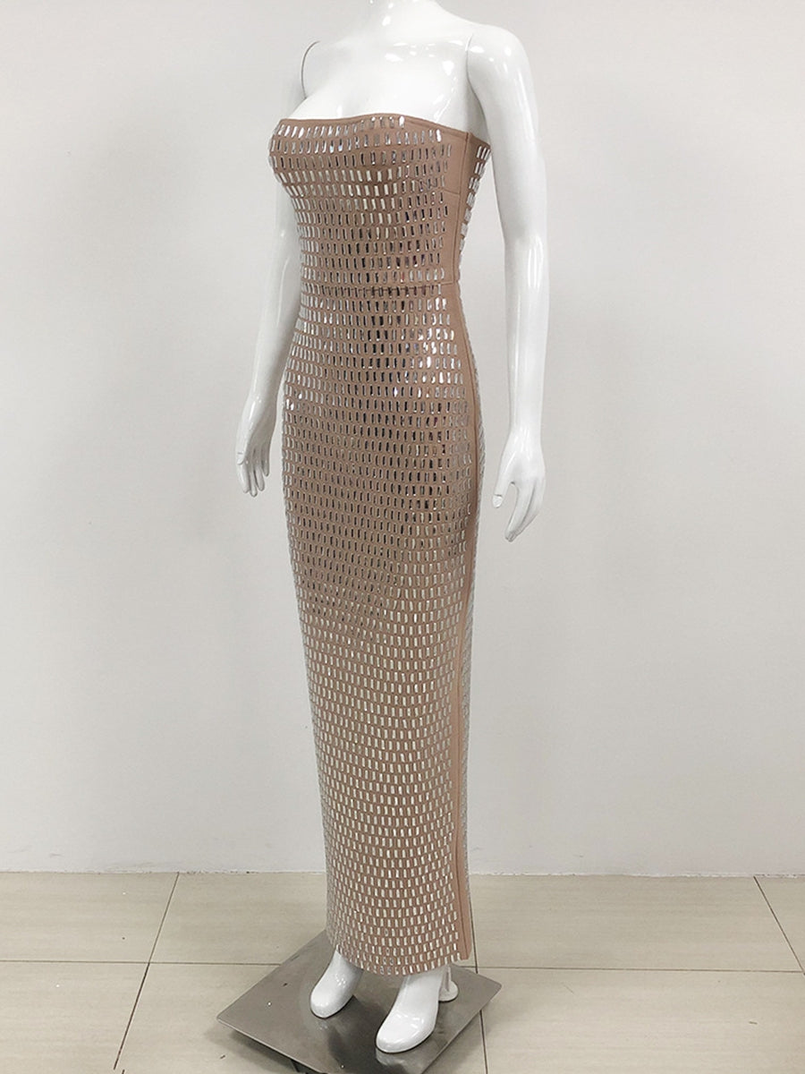 Sheath/Column Strapless Sleeveless Luxurious Long Prom Dresses with Rhinestone