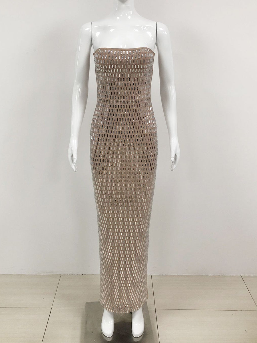 Sheath/Column Strapless Sleeveless Luxurious Long Prom Dresses with Rhinestone