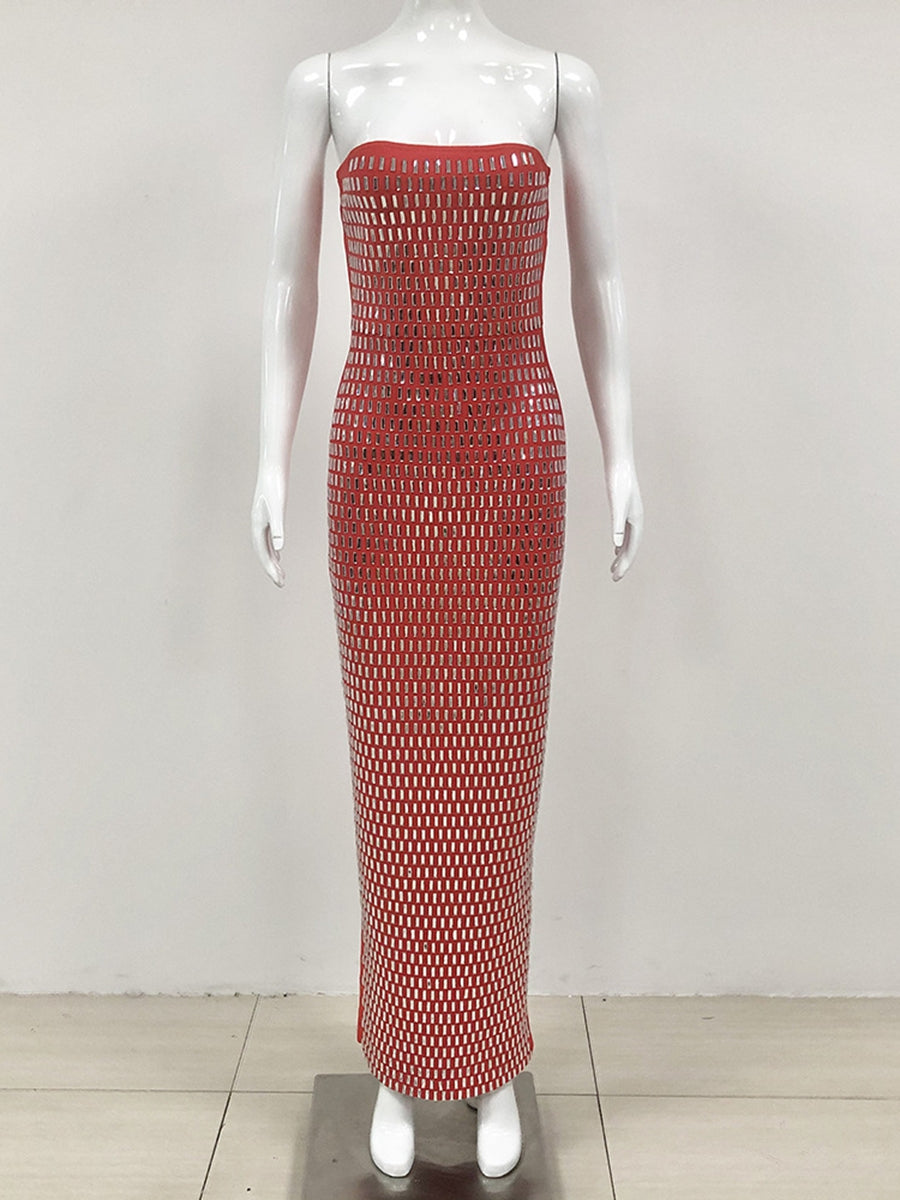 Sheath/Column Strapless Sleeveless Luxurious Long Prom Dresses with Rhinestone