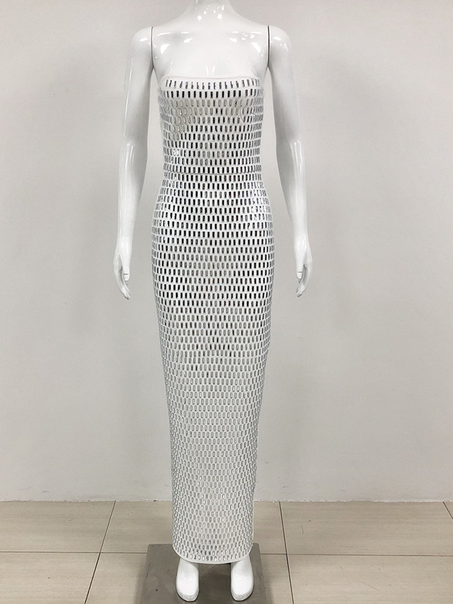 Sheath/Column Strapless Sleeveless Luxurious Long Prom Dresses with Rhinestone