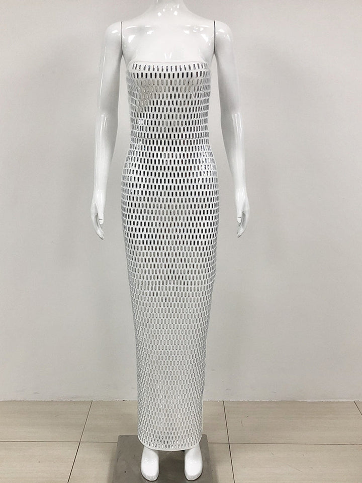 Sheath/Column Strapless Sleeveless Luxurious Long Prom Dresses with Rhinestone