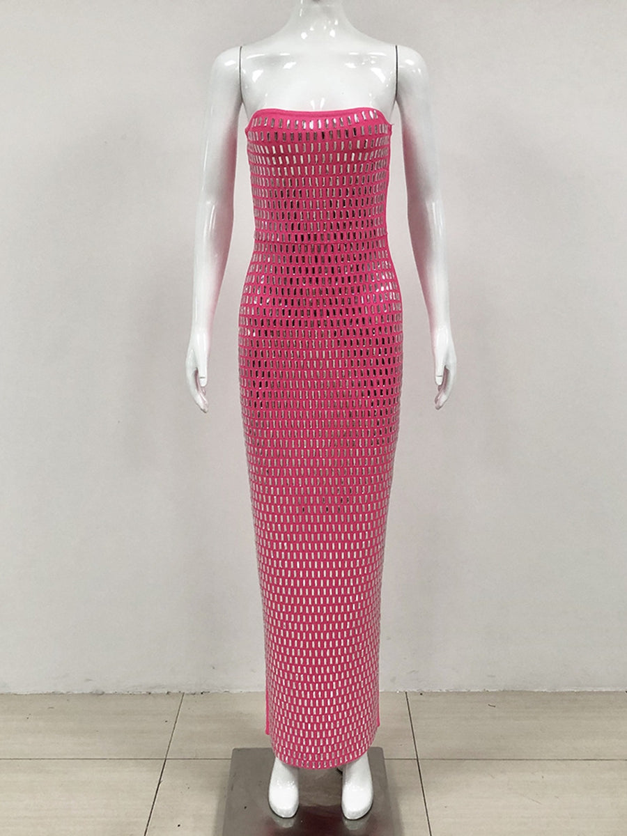 Sheath/Column Strapless Sleeveless Luxurious Long Prom Dresses with Rhinestone