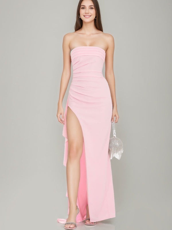 Sheath/Column Strapless Ruched Asymmetrical Prom Dresses with Ruffles & High Side Slit