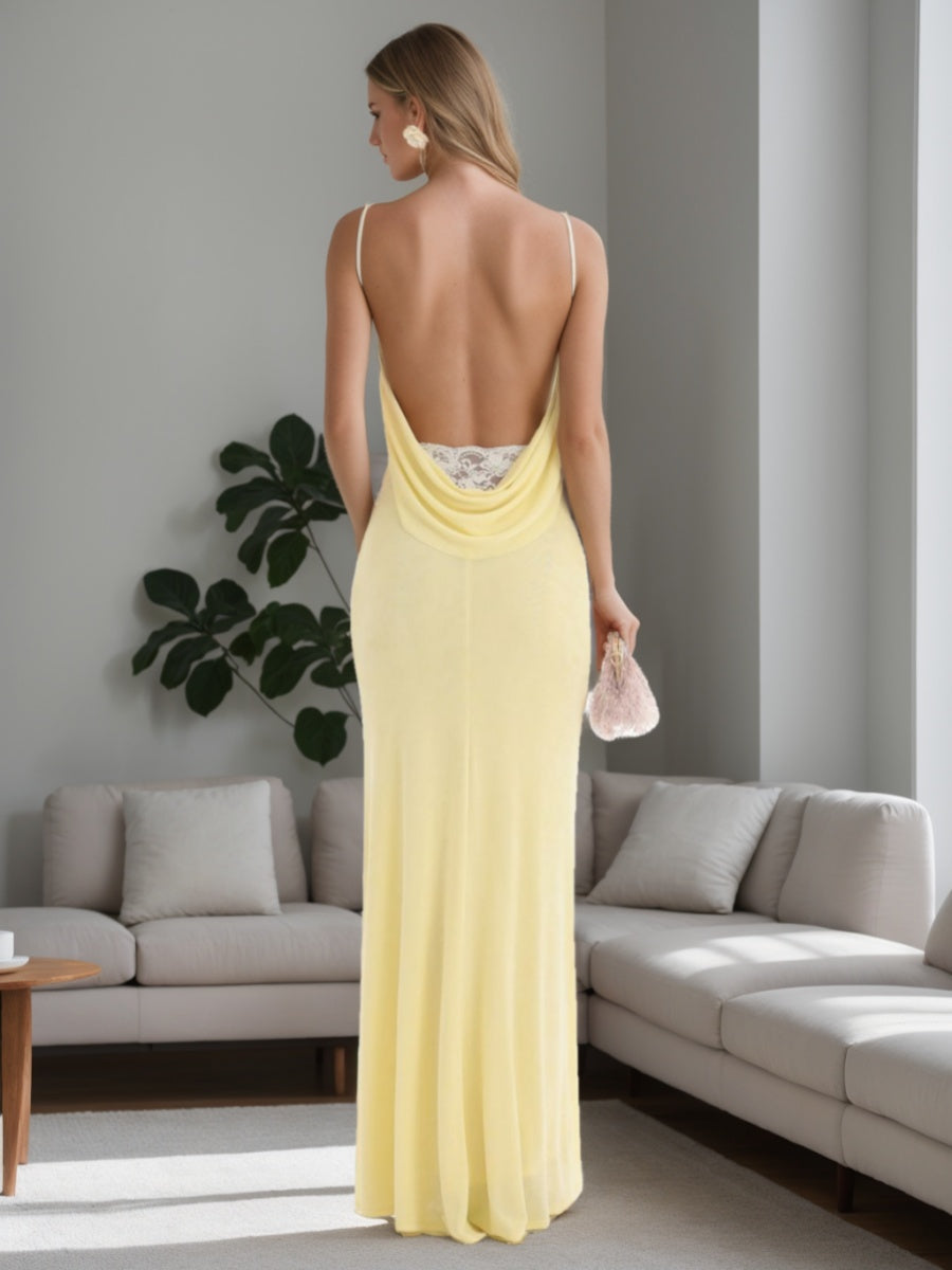 Sheath/Column Spaghetti Straps Ruched Backless Floor-length Prom Dresses with Lace