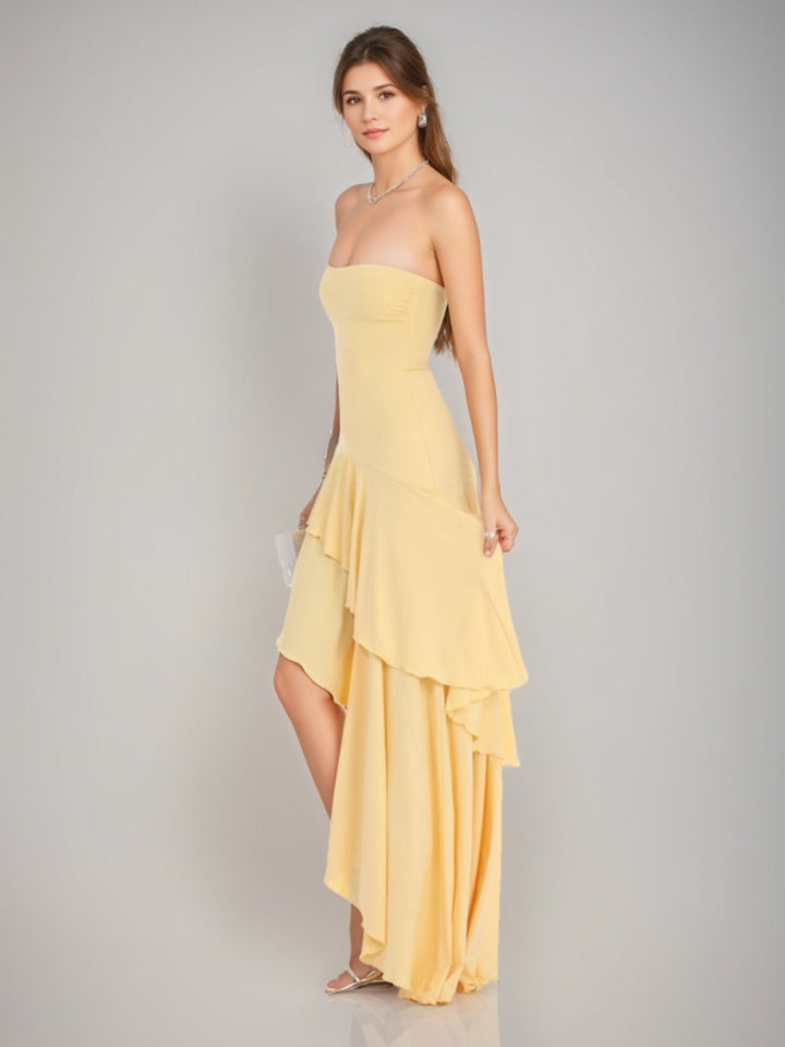 A-Line/Princess Romantic Strapless Asymmetrical Prom Dresses with Ruffles