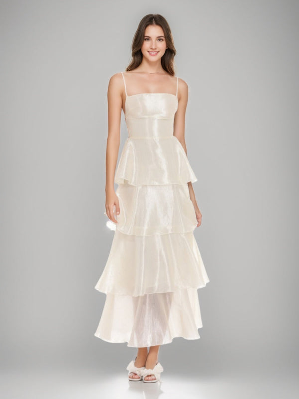 A-Line/Princess Sexy Spaghetti Straps Ankle-Length Prom Dresses with Ruffles & Lace-up Back