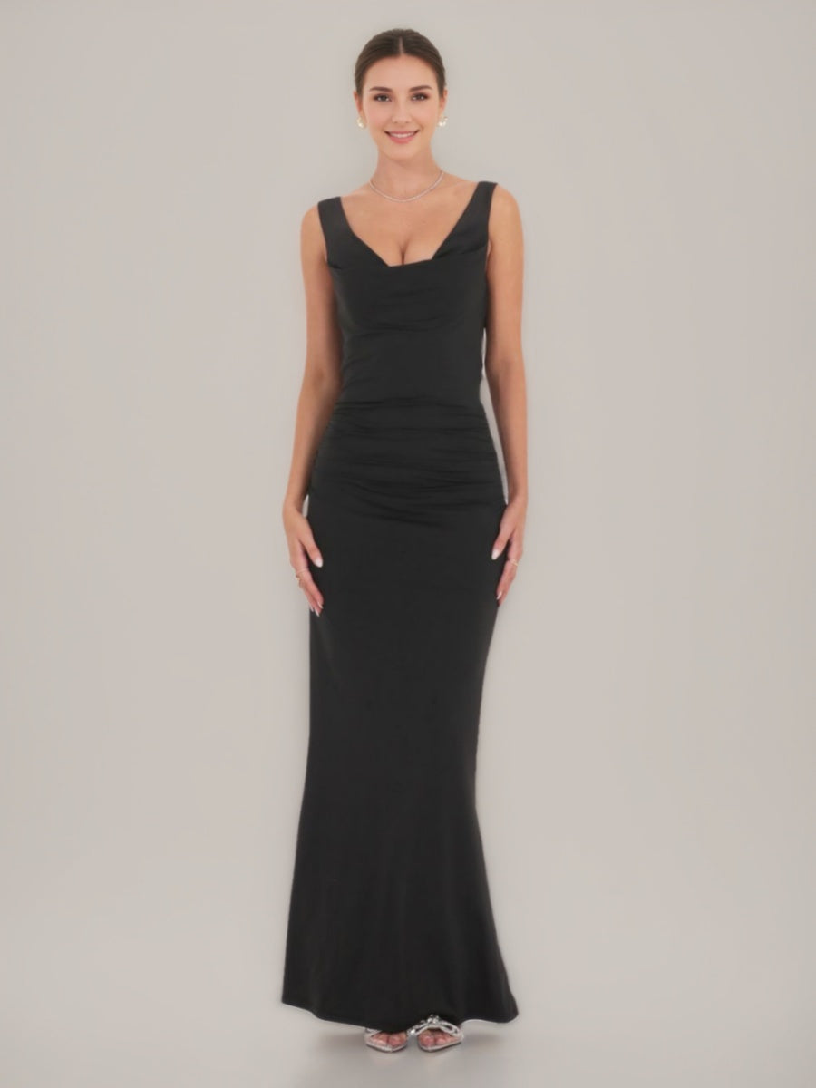Sheath/Column Cowl Neck Ruched Backless Prom Dresses with Pearls