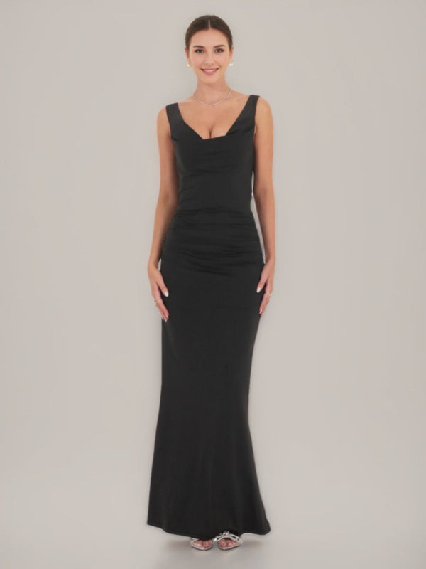 Sheath/Column Cowl Neck Ruched Backless Prom Dresses with Pearls