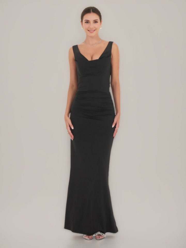 Sheath/Column Cowl Neck Ruched Backless Prom Dresses with Pearls