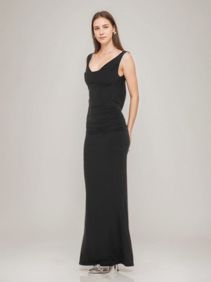 Sheath/Column Cowl Neck Ruched Backless Prom Dresses with Pearls
