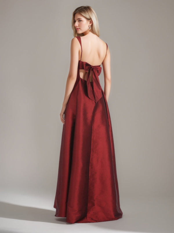 A-Line/Princess Square Neckline Floor-length Prom Dresses with Bowknot