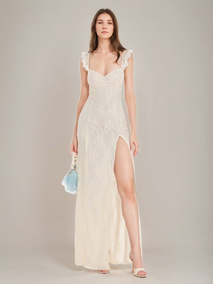 Sheath/Column Sweetheart Lace Prom Dresses with Lace-up & High Side Slit