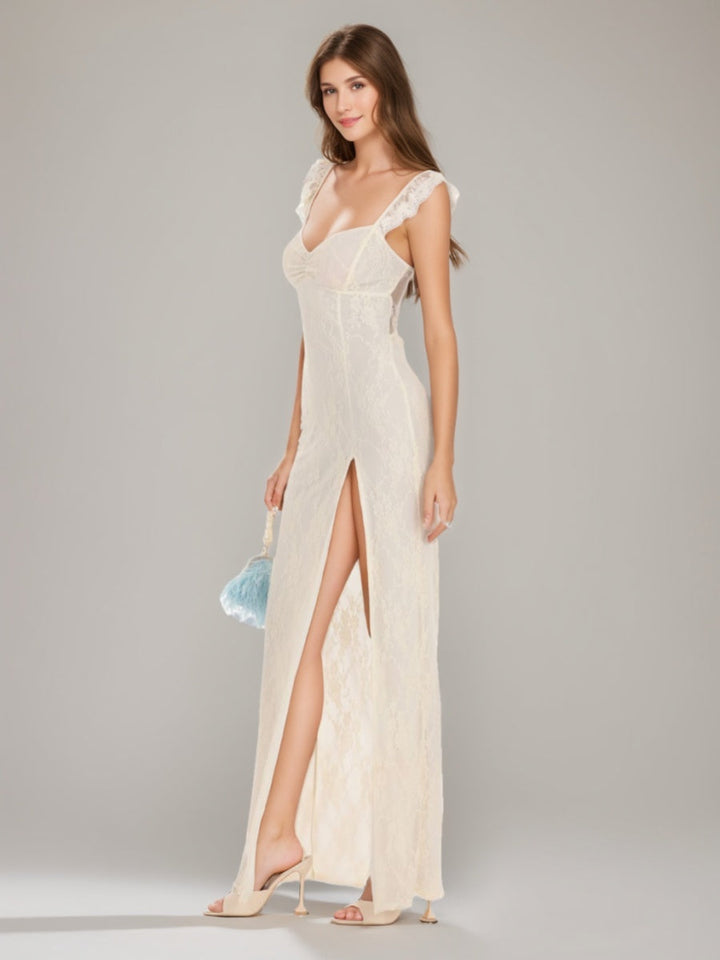 Sheath/Column Sweetheart Lace Prom Dresses with Lace-up & High Side Slit