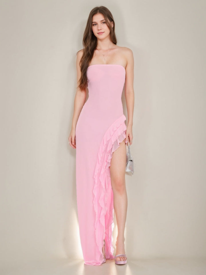 Sheath/Column Strapless Asymmetrical Prom Dresses with Ruffles & Self-tie