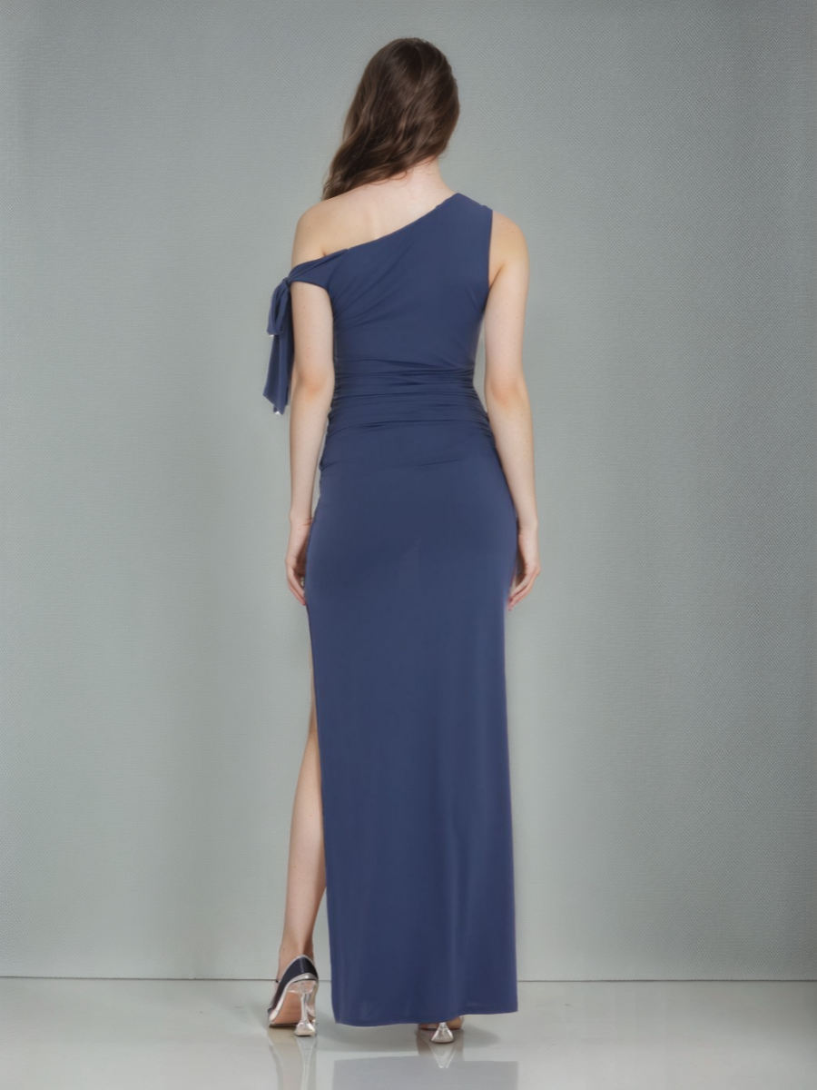 Sheath/Column One-shoulder Ruched Prom Dresses with Self-tie & High Side Slit