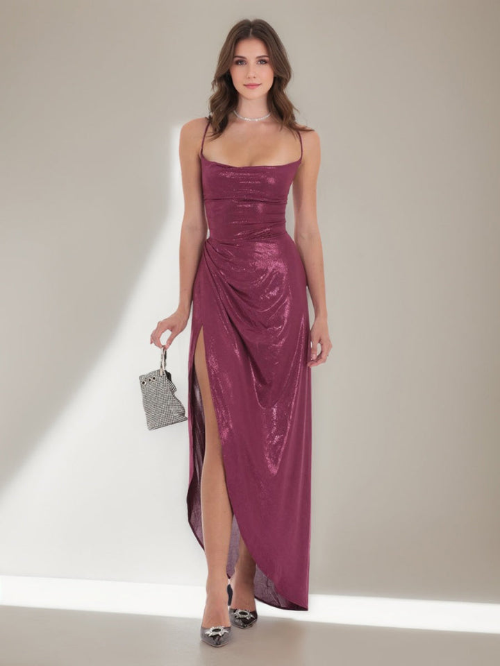 Sheath/Column Spaghetti Straps Ruched Asymmetrical Prom Dresses with Criss-cross Lace-up