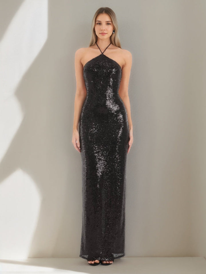 Sheath/Column Halter Backless Sequined Prom Dresses with Self-tie & Slit