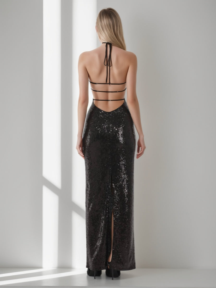 Sheath/Column Halter Backless Sequined Prom Dresses with Self-tie & Slit
