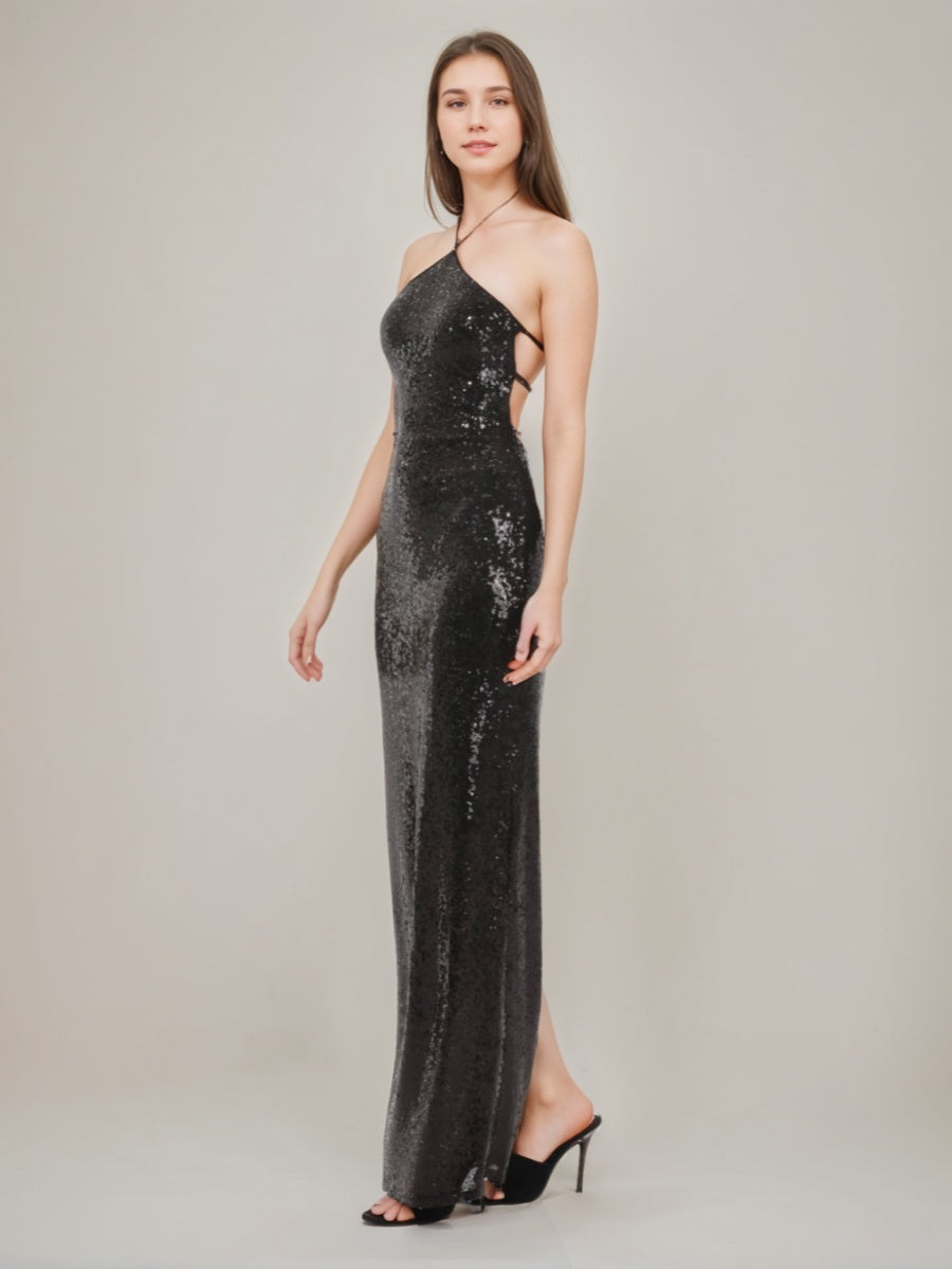Sheath/Column Halter Backless Sequined Prom Dresses with Self-tie & Slit