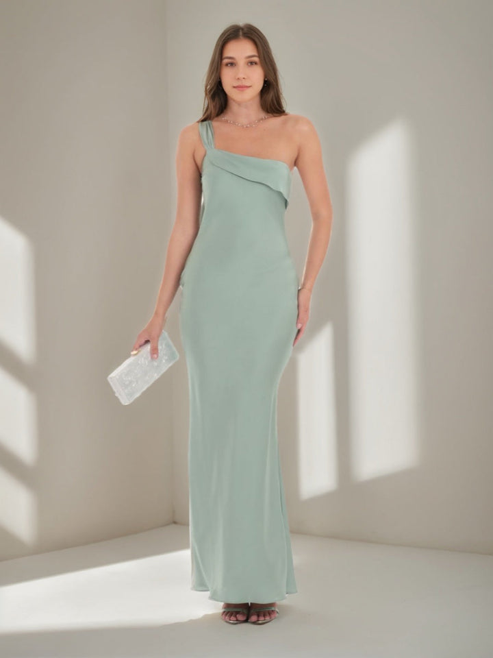 Sheath/Column One-shoulder Ruched Ankle-Length Prom Dresses with Ruffles