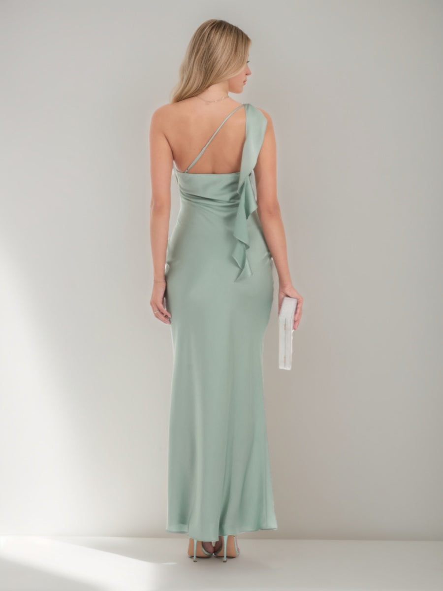 Sheath/Column One-shoulder Ruched Ankle-Length Prom Dresses with Ruffles