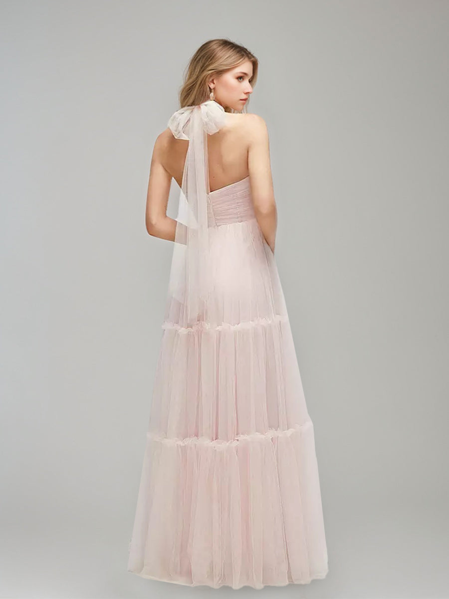 A-line/Princess Halter Sleeveless Ruched Floor-length Prom Dresses with Pleats & Self-tie Bow
