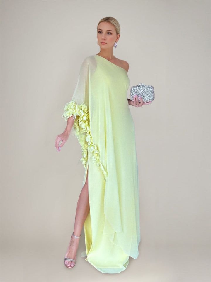Sheath/Column One-Shoulder Asymmetrical Prom Dresses with 3D Flowers & Feathers & Ruffles