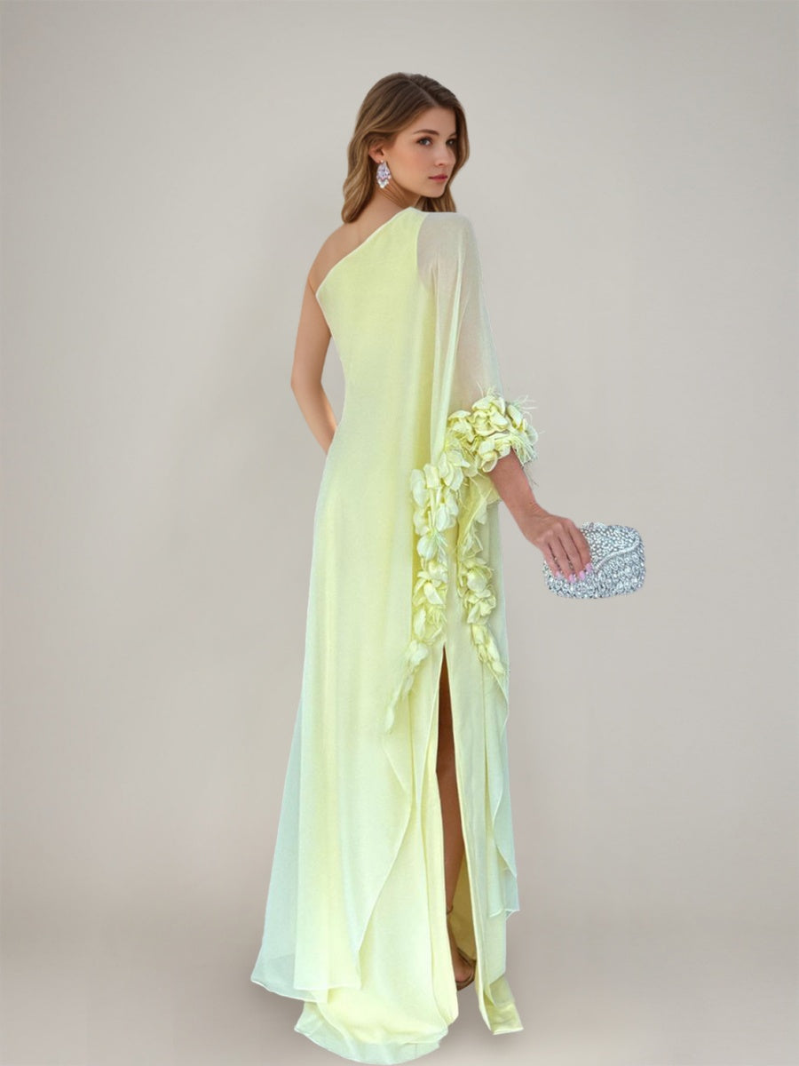 Sheath/Column One-Shoulder Asymmetrical Prom Dresses with 3D Flowers & Feathers & Ruffles