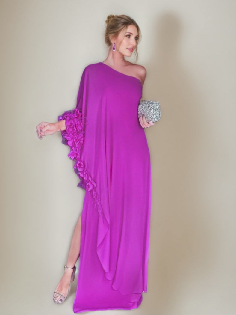 Sheath/Column One-Shoulder Asymmetrical Prom Dresses with 3D Flowers & Feathers & Ruffles