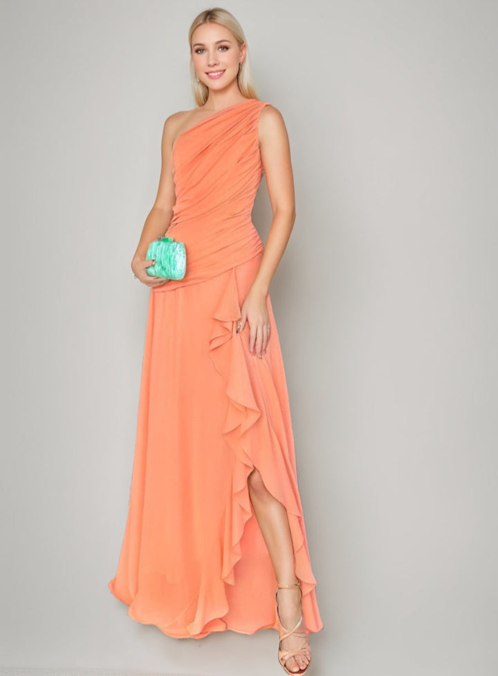 A-line/Princess One-Shoulder Sleeveless Ruched Floor-Length Prom Dresses with Ruffles & Slit