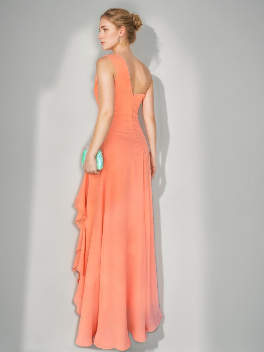 A-line/Princess One-Shoulder Sleeveless Ruched Floor-Length Prom Dresses with Ruffles & Slit