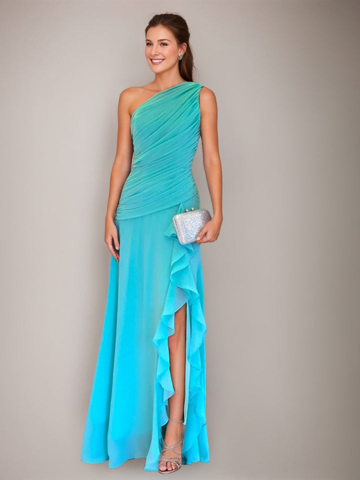 A-line/Princess One-Shoulder Sleeveless Ruched Floor-Length Prom Dresses with Ruffles & Slit