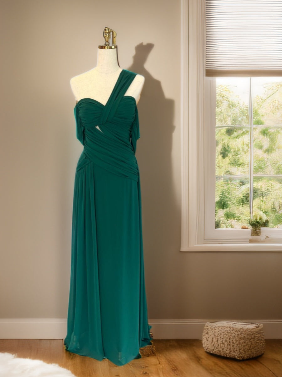 Sheath/Column Off-the-shoulder Half Sleeves Ruched Floor-Length Prom Dresses with Ruffles & Slit & Watteau Train
