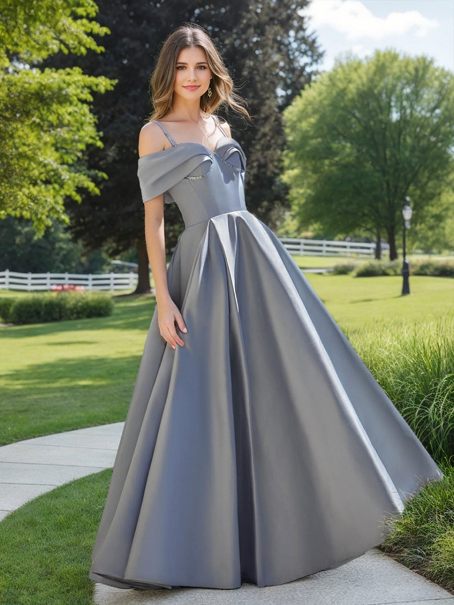 Ball Gown Off-the-shoulder Ruched Floor-Length Prom Dresses with Pleats & Sequins & Lace-up