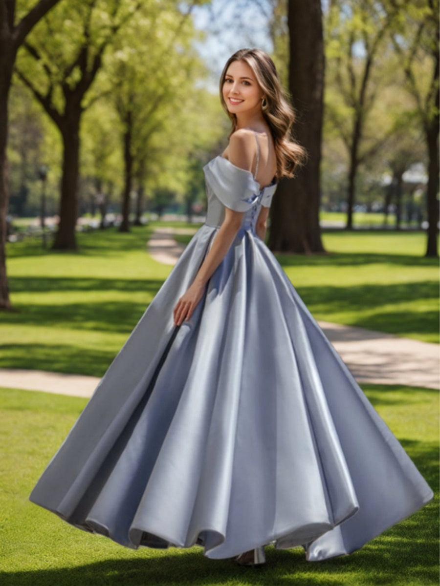 Ball Gown Off-the-shoulder Ruched Floor-Length Prom Dresses with Pleats & Sequins & Lace-up