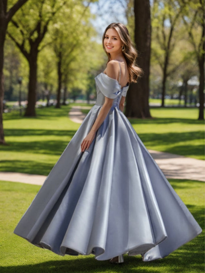 Ball Gown Off-the-shoulder Ruched Floor-Length Prom Dresses with Pleats & Sequins & Lace-up