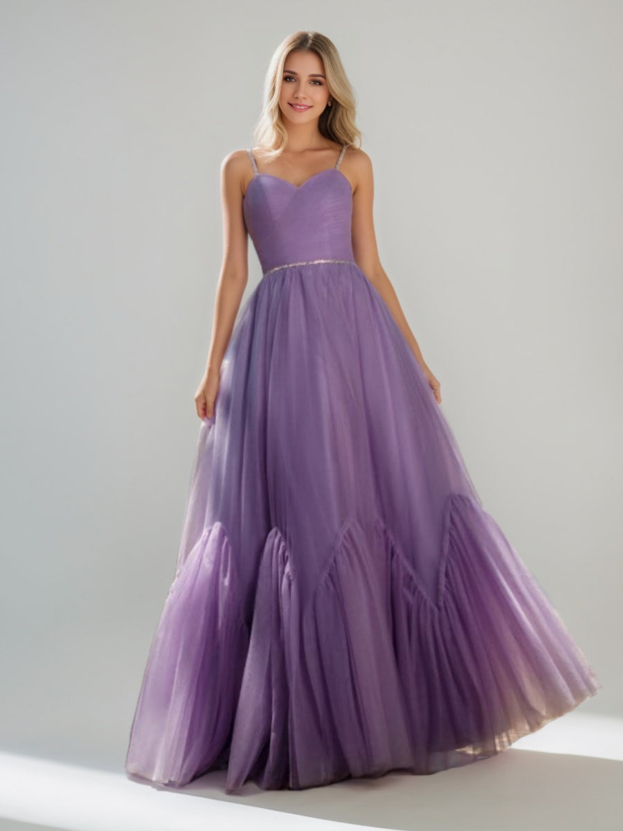 Ball Gown Spaghetti Straps Sleeveless Floor-Length Prom Dresses with Pleats & Sequins & Lace-up