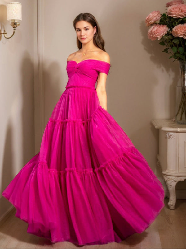 Ball Gown Off-the-shoulder Ruched Floor-Length Prom Dresses with Pleats