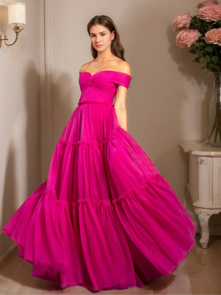 Ball Gown Off-the-shoulder Ruched Floor-Length Prom Dresses with Pleats