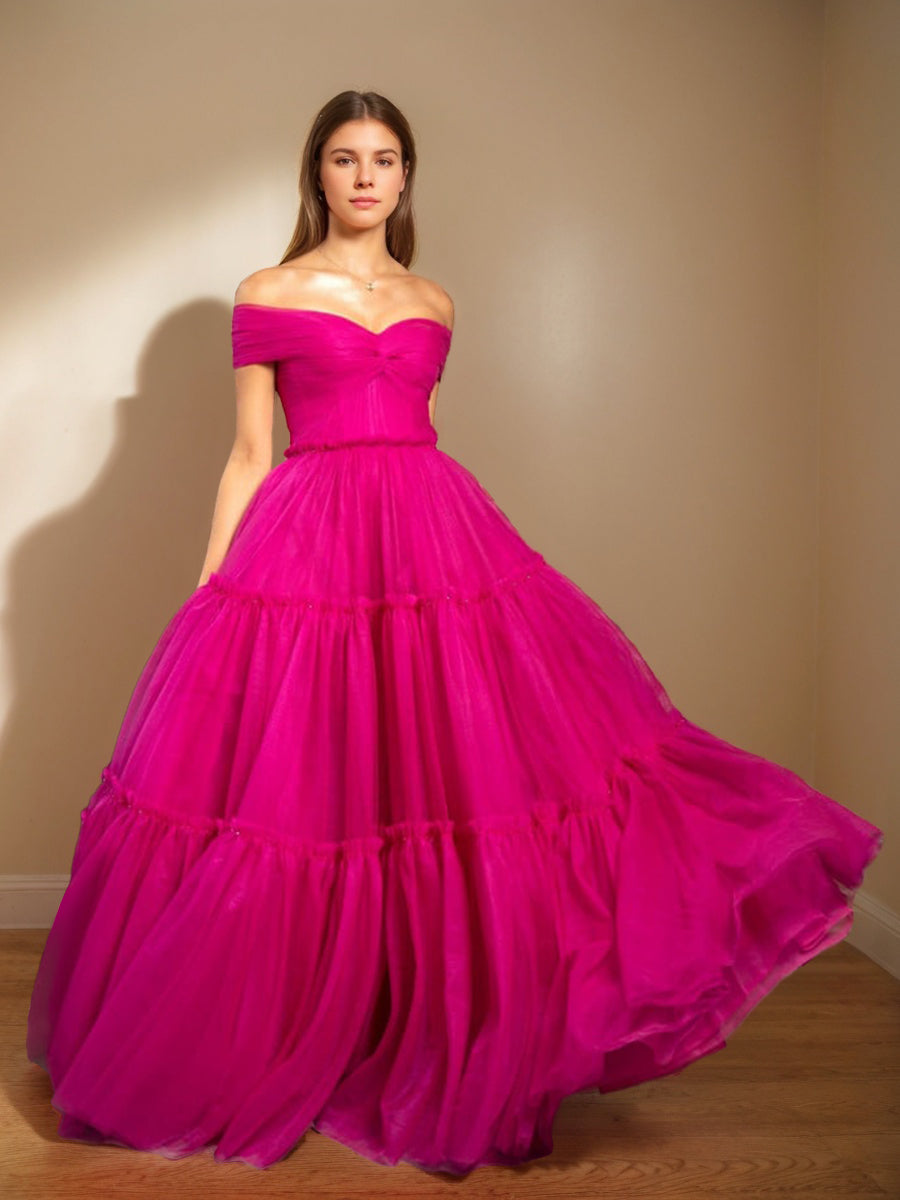 Ball Gown Off-the-shoulder Ruched Floor-Length Prom Dresses with Pleats