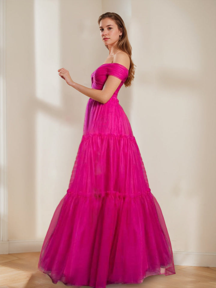 Ball Gown Off-the-shoulder Ruched Floor-Length Prom Dresses with Pleats
