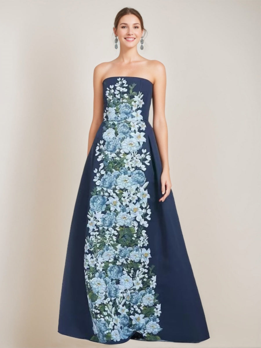 A-line/Princess Elegant Strapless Sleeveless Floor-Length Printed Floral Prom Dresses