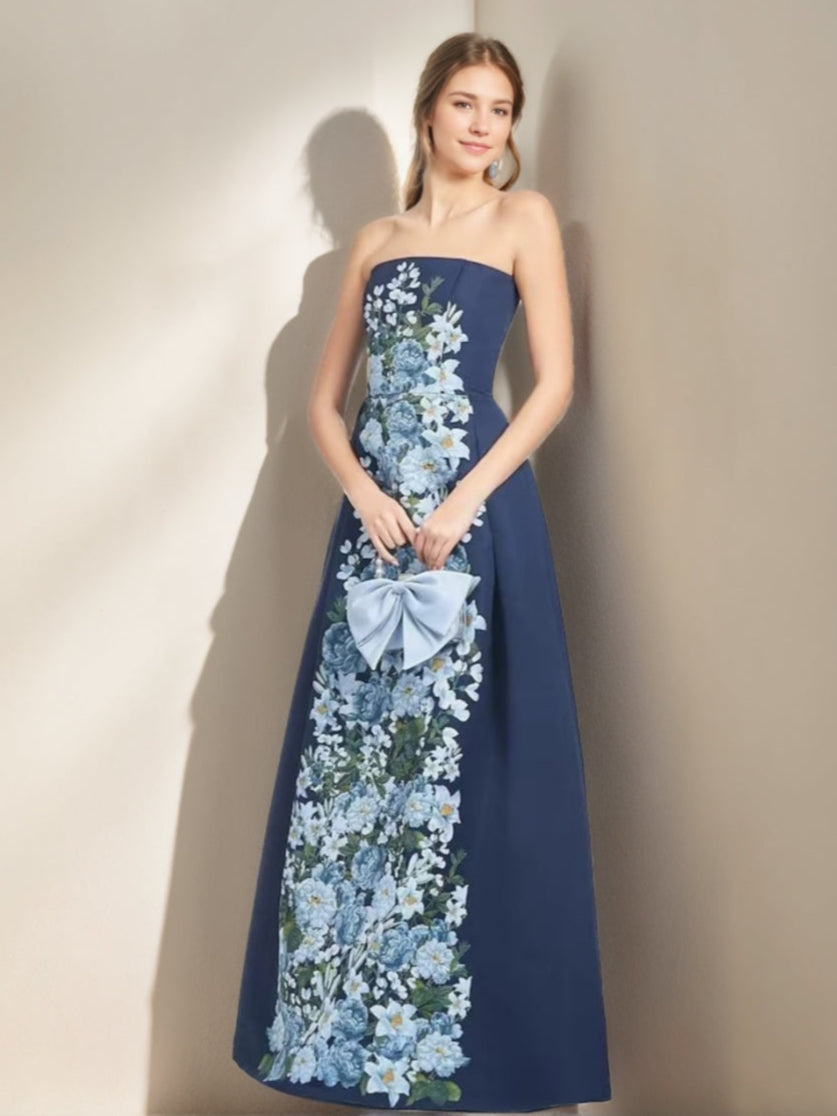 A-line/Princess Elegant Strapless Sleeveless Floor-Length Printed Floral Prom Dresses